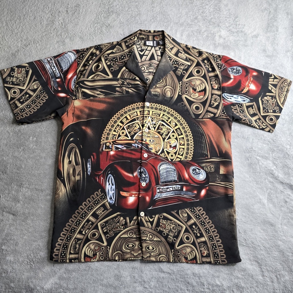 Moon Mens S Button Up S/S Shirt Lowrider Aztech Calendar Y2K Streetwear Print